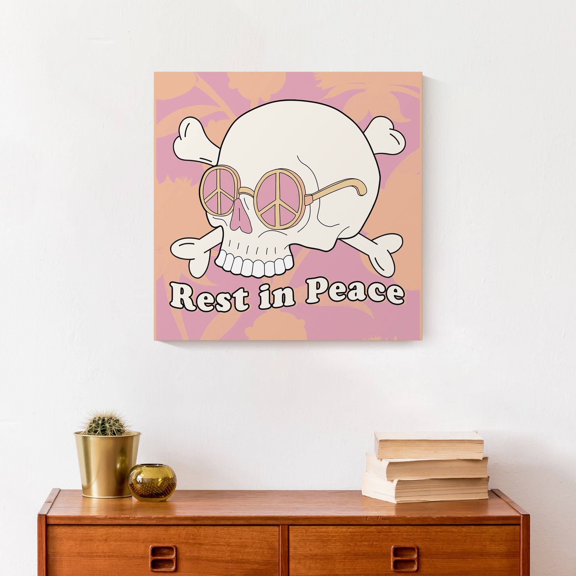 Pink & Coral Skull Rest in Peace Canvas Wall Art